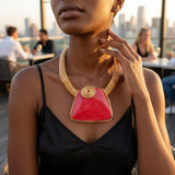 Large Red Resin Pendant Gold Mesh Collar Necklace