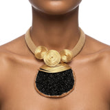 Black Druzy Stone Pendant Gold Collar Necklace