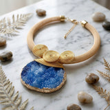 Blue Druzy Stone Pendant Gold Collar Necklace