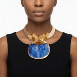 Blue Druzy Stone Pendant Gold Collar Necklace