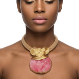 Pink Druzy Stone Pendant Gold Collar Necklace