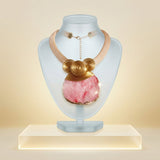 Pink Druzy Stone Pendant Gold Collar Necklace
