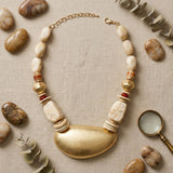 Ivory Bead Sculpted Matte Gold Pendant Necklace