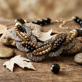 Leopard Print Disc Black Beaded Collar Necklace