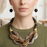 Leopard Print Disc Black Beaded Collar Necklace