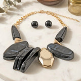 Chunky Black Geometric Marbled Resin Bib Necklace