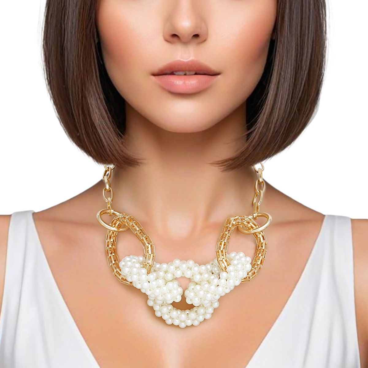 Chain Chunky Gold Cream Pearl Links Necklace