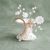 Bridal Gold Pearl White Flower Left Ear Cuff Earring