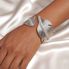 Load image into Gallery viewer, Cuff Silver Leaf Motif Shimmering Stone Bracelet
