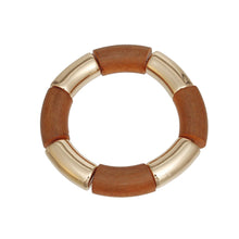 Cargar imagen en el visor de la galería, Wood Bead Brown and Gold Tubular Stretch Bracelet
