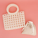 Top Handle Square Cream Pearl Woven Handbag