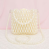 Top Handle Vintage Woven Cream Pearl Crossbody Bag