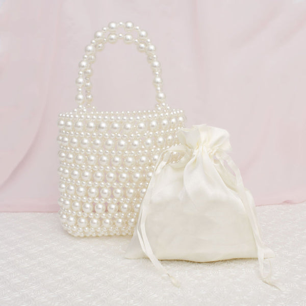Top Handle Vintage Woven Cream Pearl Crossbody Bag