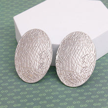 Load image into Gallery viewer, Stud Silver Metal Scratched Oval Plate Earrings
