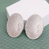 Stud Silver Metal Scratched Oval Plate Earrings