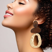 Load image into Gallery viewer, Drop Brown Wood Geometric Bead Gold Earrings
