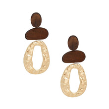 Load image into Gallery viewer, Drop Brown Wood Geometric Bead Gold Earrings
