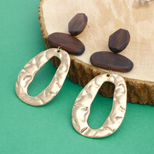 Load image into Gallery viewer, Drop Brown Wood Geometric Bead Gold Earrings
