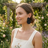 Large Stud Black Flower Fanned Teardrop Earrings