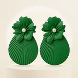 Large Stud Green Flower Fanned Teardrop Earrings