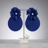 Large Stud Blue Flower Fanned Teardrop Earrings