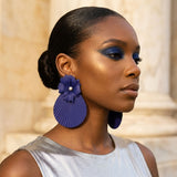 Large Stud Blue Flower Fanned Teardrop Earrings
