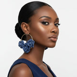 Hoop Denim Jeans Triple Rose Flowers Gold Earrings