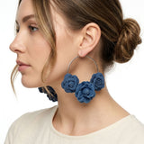 Hoop Denim Jean Triple Rose Flower Silver Earrings