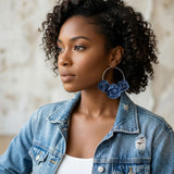 Hoop Denim Jean Triple Rose Flower Silver Earrings