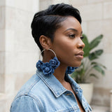 Hoop Denim Jean Triple Rose Flower Silver Earrings