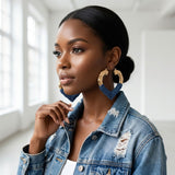 Hoop Denim Wrapped Gold Bamboo Heart Earrings