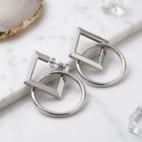 Silver Geometric Diamond Circle Drop Earrings
