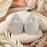 Silver Textured Teardrop Cross XL Stud Earrings