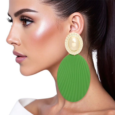 Drop Ribbed Green Oval Metal Gold Dome Earrings