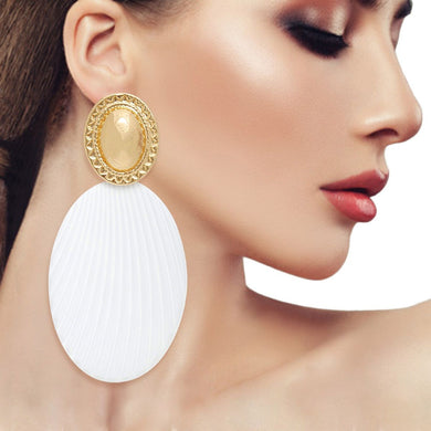 Drop Ribbed White Oval Metal Gold Dome Earrings
