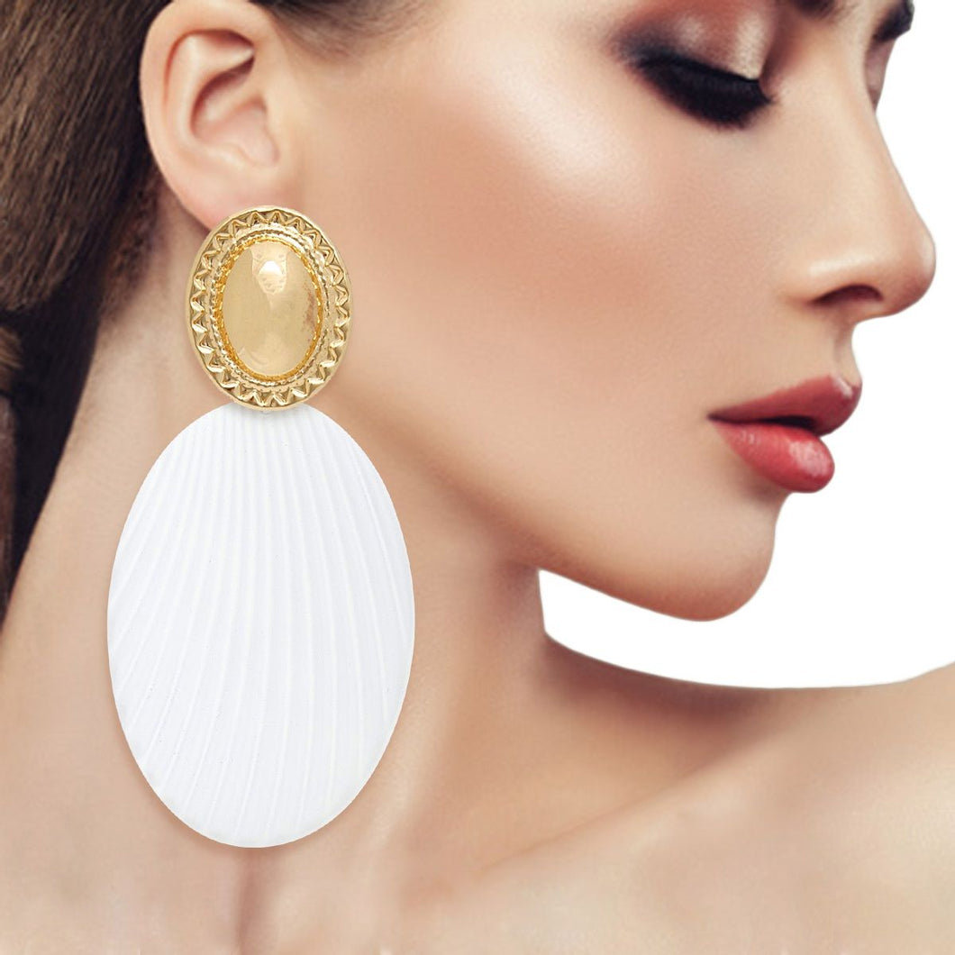 Drop Ribbed White Oval Metal Gold Dome Earrings