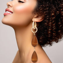Load image into Gallery viewer, Hoop Brown Wood Teardrop Long Gold Earrings
