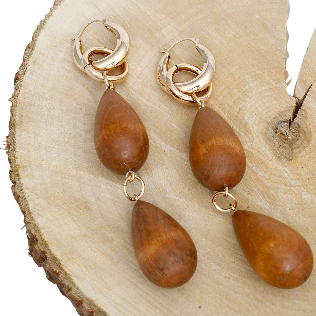 Hoop Brown Wood Teardrop Long Gold Earrings