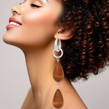 Load image into Gallery viewer, Hoop Brown Wood Teardrop Long Silver Earrings
