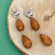 Load image into Gallery viewer, Hoop Brown Wood Teardrop Long Silver Earrings
