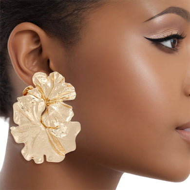 Clip On Gold Metal Linked Flowers Earrings Women