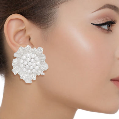 Clip On Silver Sculpted Floral White Pearl Earrings