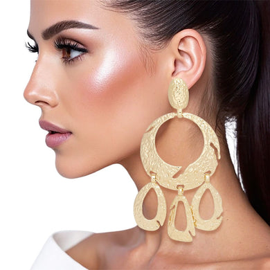 Clip On Heavy XL Gold Hammered Dangle Earrings
