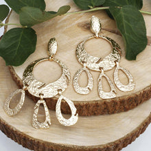 Load image into Gallery viewer, Clip On Heavy XL Gold Hammered Dangle Earrings
