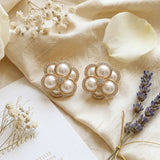 Clip on Gold Stacked Pearl Dome Pave Earrings