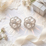 Clip on Silver Stacked Pearl Dome Pave Earrings