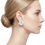 Clip on Silver Stacked Pearl Dome Pave Earrings