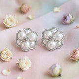 Clip on Silver Stacked Pearl Dome Pave Earrings