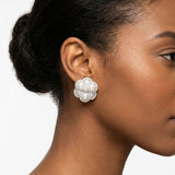 Clip on Silver Stacked Pearl Dome Pave Earrings