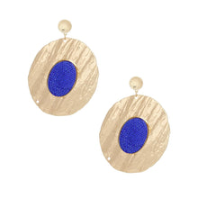 Load image into Gallery viewer, Drop Dramatic Large Gold Oval Blue Inset Earrings
